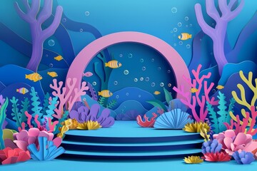 Circus stage podium background set in an underwater theme park