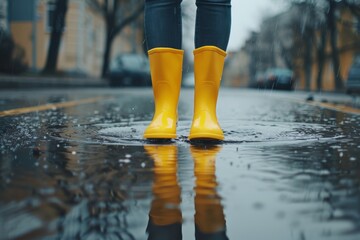 Full view of yellow rubber boots in a puddle, reflecting on wet urban surface.
