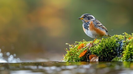 Brambling perched on moss near the water s edge