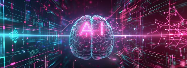 Obraz premium AI artificial intelligence abstract digital technology microchip brain with neural network connections on dark panoramic background. Generative AI