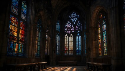 Fototapeta premium The mysterious charm of a gothic cathedral adorned with stained glass windows casting colorful shadows in the dim light ai_generated