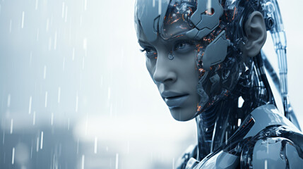 A woman with a robotic face is standing in the rain