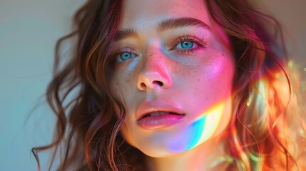 Naklejka premium Intensely realistic portrait of a transgender woman with a subtle rainbow highlight, reflecting her identity and the spirit of Pride Month
