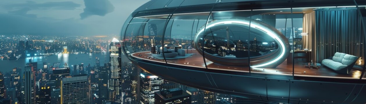 In a floating glass pod above a futuristic city
