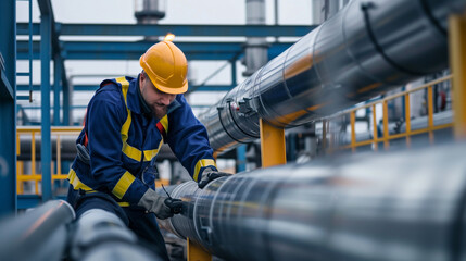 a plumber wearing safety dress working on industrial pipeline