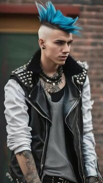 front portrait of a young man with a mohawk hairstyle in a punk-inspi