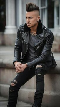 front portrait of a young man with a mohawk hairstyle in a leather ja