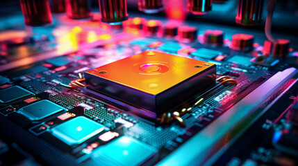 A computer chip is shown in a colorful, abstract style