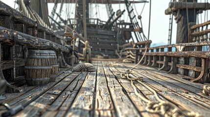 On the deck of an old pirate ship, a frame mockup stands against the weathered wood, complementing...