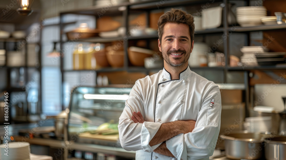 Wall mural confident male chef wearing professional attire with folded hands smiling at camera in fully equippe