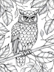 coloring page for adults, owl on a tree branch surrounded leaves