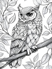 coloring page for adults, owl on a tree branch surrounded leaves