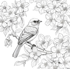 coloring page for adults, small bird and flowers