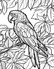 coloring page for kids, Macaw parrot in the jungle