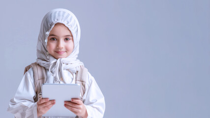 Arabian school girl holding tablet with backpack, student, technology, education