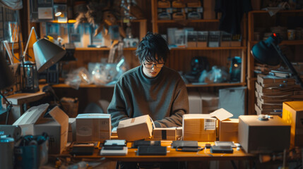 Fototapeta na wymiar Focused young man working late at night in a cluttered, dimly lit home office.