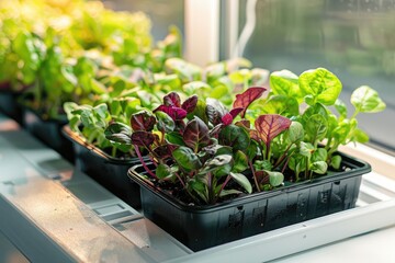 Close up of green and red salad plants growing in black rectangular pots under LED grow lights on a white table, stock photo, simple composition, feminine, sunny light background. 