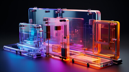 A row of clear plastic boxes with different colors