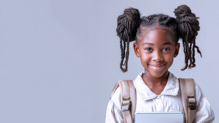 African school girl holding tablet with backpack, student, technology, education