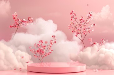 Empty round podium platform stand for product presentation and pink spring summer flowers on beautiful sky background