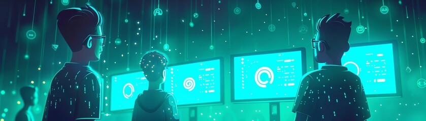 Obraz premium Security team monitoring network activity after a data loss incident, screens displaying network traffic and recovery operations