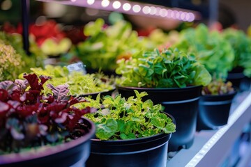Close up of green and red greens growing in black pots under white LED lights on a table inside a modern indoor vertical farm laboratory room. 