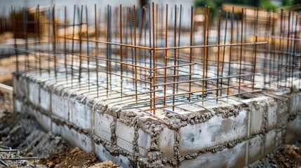 Fototapeta premium Foundation of a new building constructed with reinforced concrete basement level and metal rods to enhance structural stability in civil engineering projects