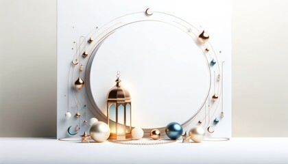 This image displays a refined collection of Ramadan elements in a minimalist style, including a lantern and crescent moons, set against a white background