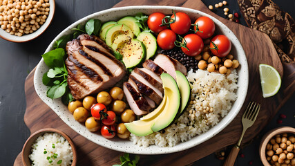 Top view two buddha bowl lemon water Clean balanced healthy food concept Chicken grilled steak rice spicy chickpeas black white quinoa avocado carrot zucchini radish tomatoes wooden table
