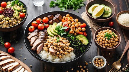 Top view two buddha bowl lemon water Clean balanced healthy food concept Chicken grilled steak rice...