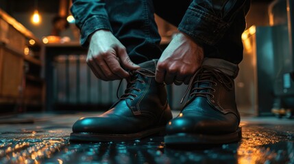 Close up view of a man fastening his dark colored footwear