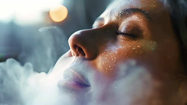 A person receiving an infrared sauna session with steam and heat helping to unclog pores and detoxify the skin..
