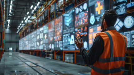 Obraz na płótnie Canvas A male engineer in a reflective vest interacts with a futuristic, digital interface showing complex data in a warehouse setting.