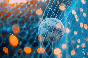 Closeup of football ball in goal net, football stadium with lights and bokeh background. soccer...