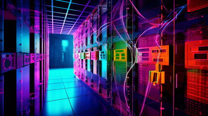 A neon colored room with many computer servers
