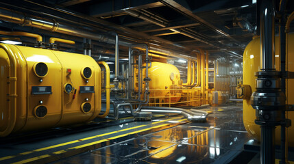 A yellow room with pipes and valves