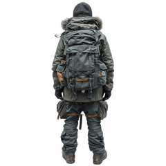Fototapeta premium a person standing in the snow with a backpack, transparent background png
