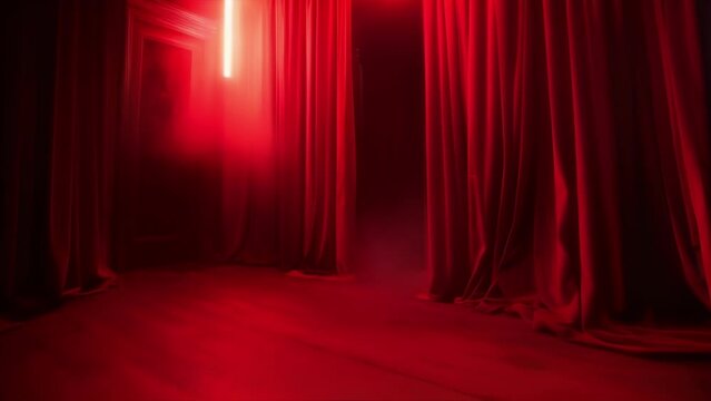 The room is filled with deep red velvet ds casting an eerie glow as they sway in the gentle breeze. 2d flat cartoon.