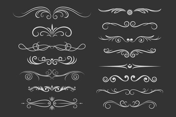 Retro Text Delimiter Set. Vintage Ornamental Monochrome Text Dividers, Decorative Scrolls, Separators and Header Decorative Swirls. Vector Illustration
