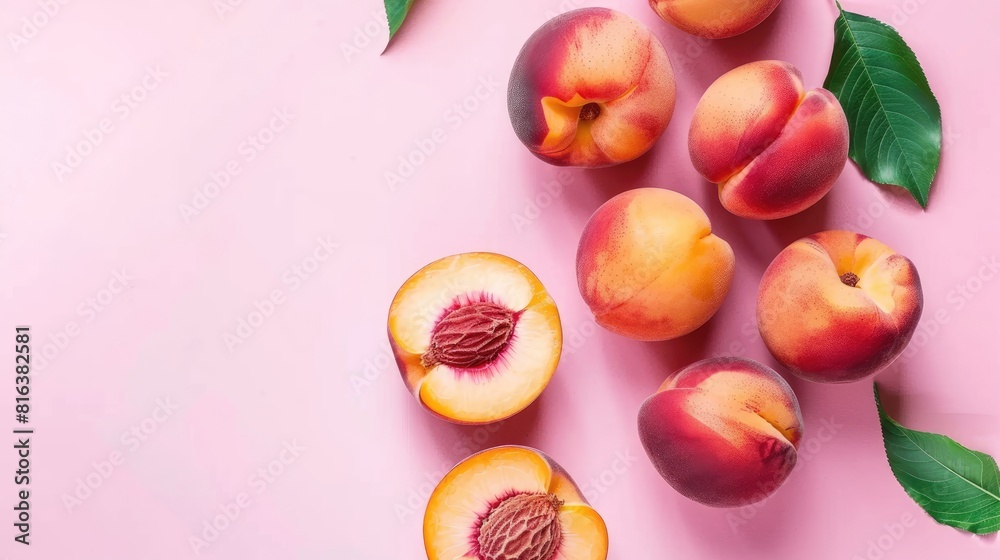 Wall mural Fresh ripe peaches sliced and whole on a pink background top view - Wall murals