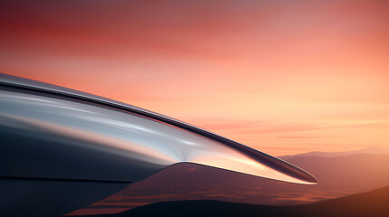 A silver airplane wing is shown with a beautiful sunset in the background