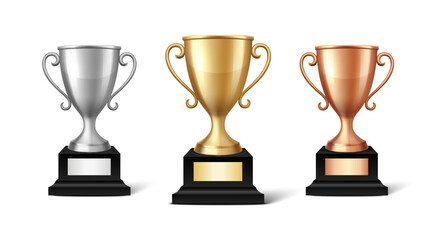 Vector Blank Golden, Silver and Bronze Champion Cup Isolated on White Background. Design Template of Championship Trophy. Sport Tournament Award, Winner Cup and Victory Concept