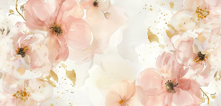 Pale pink & ivory watercolor blooms with gilded detailing on panoramic white.