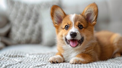A Corgi dog on a walk, looking at the camera with a smile, standing in a field of yellow dandelions.