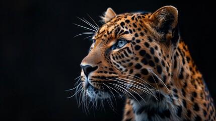 Close-up portrait of a majestic leopard, showcasing its striking rosette-patterned fur, piercing golden eyes, and powerful, muscular build.