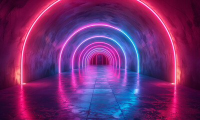 illustration of abstract background of futuristic corridor blue neon lights