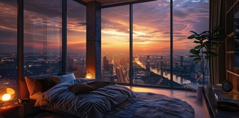 High bedroom overlooking the city, large windows, sunset outside, interior design of modern bedroom
