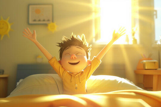 Cartoon boy wake up and stretch Lazily at morning in bed and window with sunlight. Sweet dreams and healthy sleep.