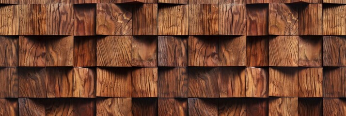 Fototapeta premium Wood background banner panorama long - Brown wooden acoustic panels wall texture, seamless pattern.