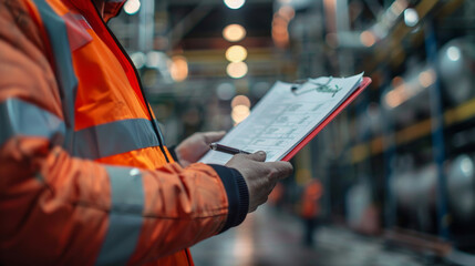 Focused industrial worker with clipboard checking inventory in a well-lit factory setting.